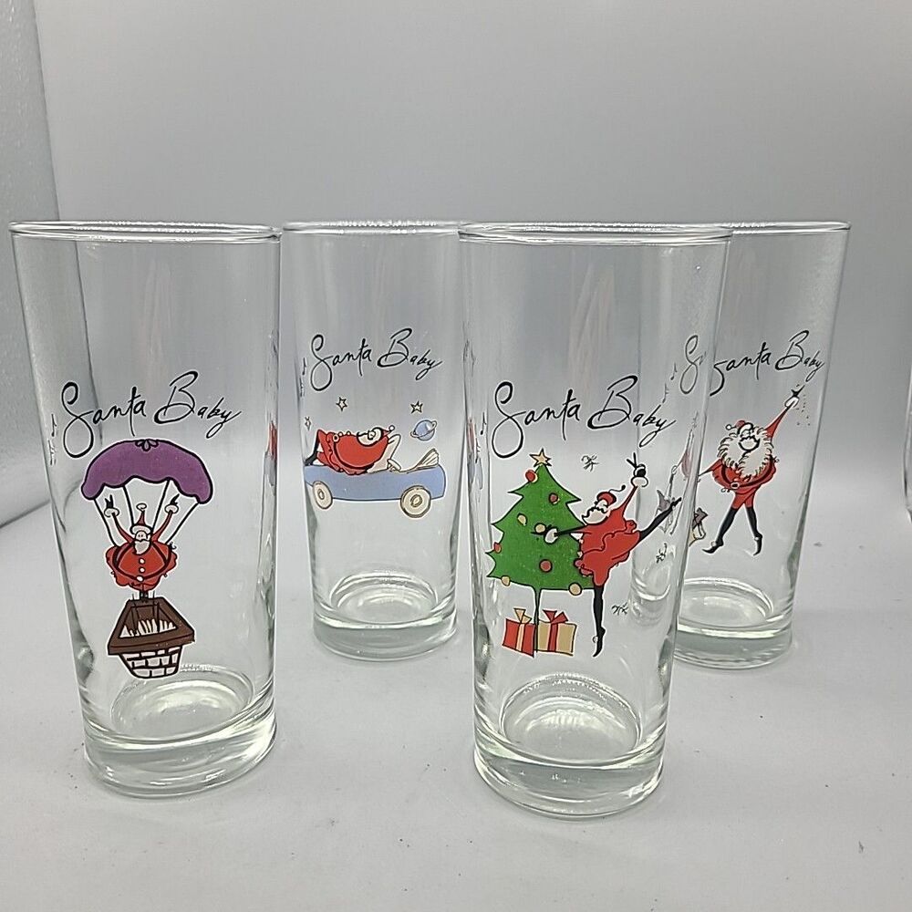 Set (4) Pottery Barn Highball Drinking Glasses  Christmas “Santa Baby” New